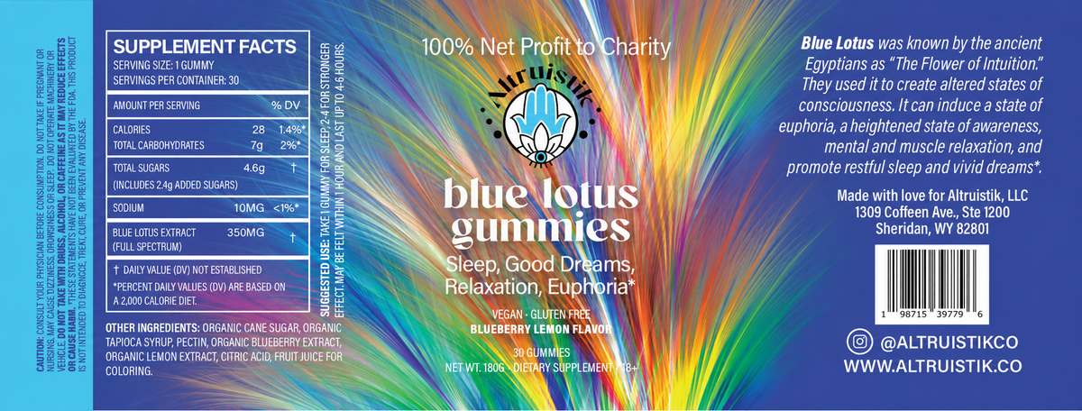 Altruistik Blue Lotus Gummies label: 350mg full-spectrum extract per gummy, blueberry lemon flavor, ingredients and supplement facts