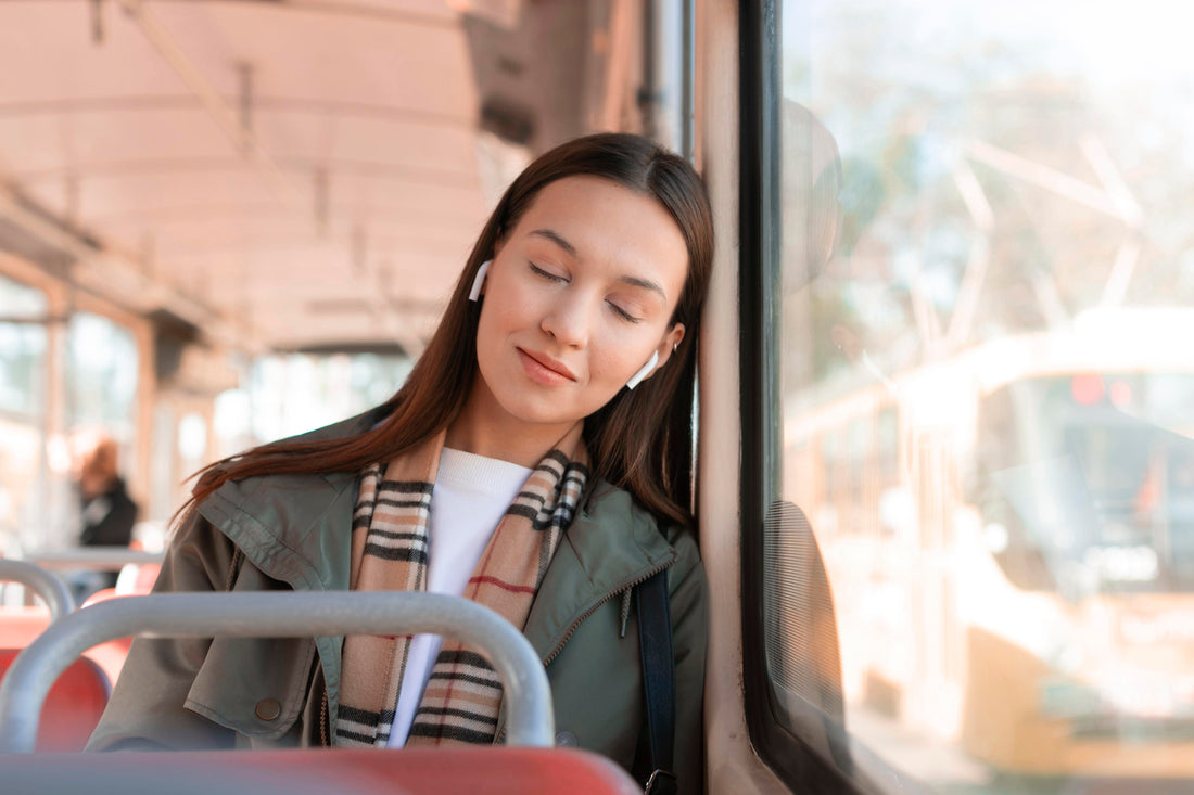 girl relax in bus after eat blue lotus gummies